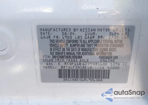 2024 Nissan Versa 1.6 Sv from USA, damaged, VIN 3N1CN8EV6RL926388